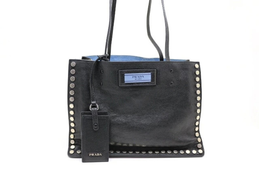 Prada Bag Shoulder Etiquette Black Blue Calfskin Metal Studs